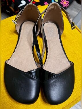 Shapen Poppy Black Leather Barefoot Ballet Flats EU 42 Wide-Toe D’Orsay